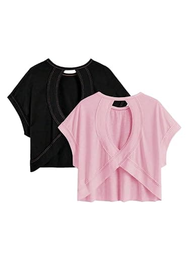 RoseSeek Women's 2 Packs Open Back Tops Criss Cross Cut Out Summer Casual T Shirt Crewneck Short Sleeve Backless Tee - Image 1