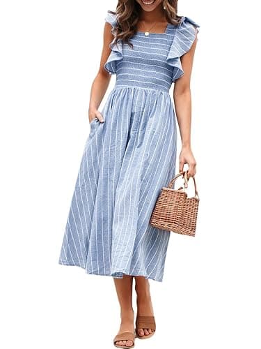Miessial Womens Summer Smocked Midi Dress Casual Flutter Sleeve Long Boho Flowy A Line Church Modest Dresses with Pockets - Image 1