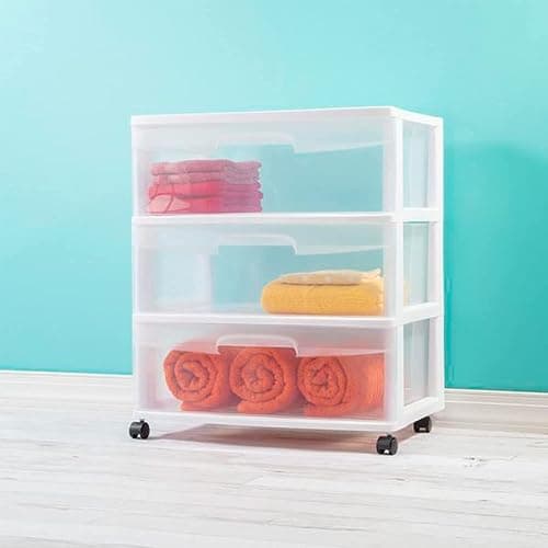 Plastic Storage Drawer Cart, Medium Home Organization Storage Container with 3 Large Clear Drawers With Wheels (White) thumbnail 7