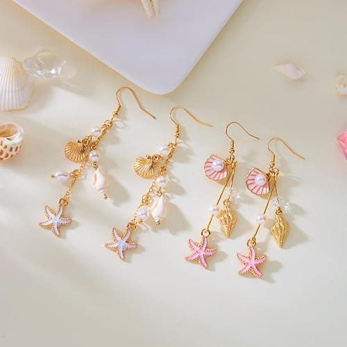 Starfish Earrings Gold Beach Jewelry for Women Pink Conch Shell Earrings Puka Cowrie Seashell Earring Summer Vacation Earring Ocean Jewelry thumbnail 3