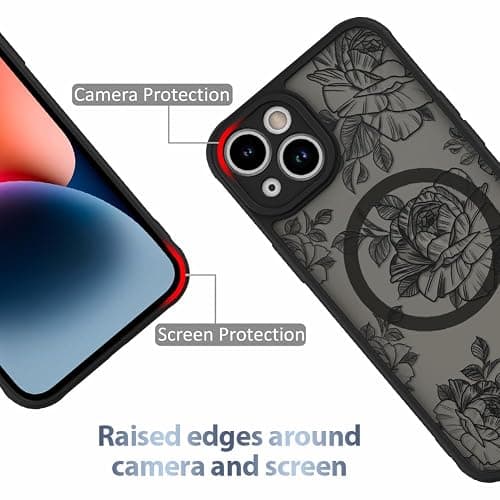 AIGOMARA Case for iPhone 14 [Compatible with MagSafe] Black Flower Floral Pattern Design for Women Girls Soft TPU Bumper Hard PC Back Anti-Fall Shockproof Protective Slim Magnetic Cover thumbnail 2