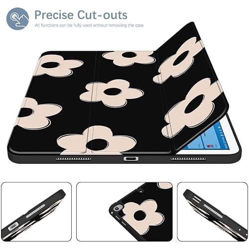 Lornpa Case for iPad 6th/ 5th Generation 9.7 inch (2018/2017), iPad Air 2 & 1 (2014/2013), Protective Case with Pencil Holder, Auto Wake/Sleep Cover for iPad 6th Gen, Black Flowers thumbnail 5