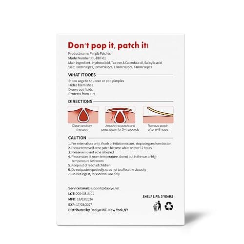 Daolyo Pimple Patches for Face, 4 Size 300 Counts Acne Patches, Hydrocolloid Patches for Covering Zits and Blemishes, Spot Stickers with Salicylic Acid, Tea Tree Oil & Calendula Oil thumbnail 9