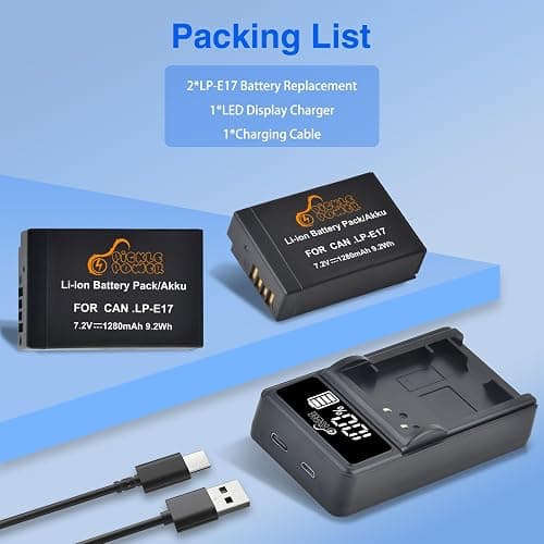 Pickle Power LP-E17 Battery 2-Pack and LED USB Charger for Canon EOS R50 R8 R10 RP, Rebel T8i T7i T6i T6s SL2 SL3, EOS M3, M5, M6, 200D, 77D, 750D, 760D, 800D, 8000D, KISS X8i Camera thumbnail 7