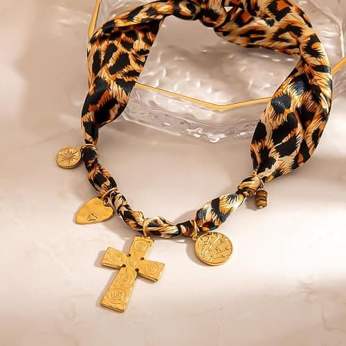 Klyxosh Scarf Necklace with Charm, Bandana Necklace with Gold Dainty Pendants - Chunky Cross, Heart, Flower, Conch, Boot, Cowboy Hat, Boho Beach Vintage Scarf Necklaces, Stylish Jewelry Gift thumbnail 3