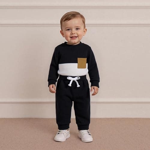 allshope Newborn Baby Boy Fall Outfit Romper Long Sleeve Solid Jumpsuit Bodysuit Elastic Waist Pants Infant Waffle Clothes thumbnail 5