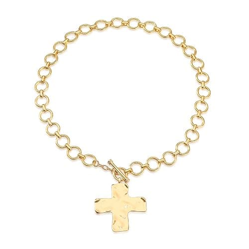 MQV Chunky Statement Gold Hammered Bold Cross Necklace Thick Chain Vintage Chain Pendant Jewelry - Image 1