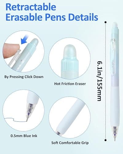 Solati Erasable Pens, 6 Pack Fine Point 0.5mm Blue Erasable Gel Pens with 360°Rotating Erasers, Make Mistakes Disappear, Comfort Grip for Drawing, Writing, Planning, and Crossword Puzzles (Blue Ink) thumbnail 5