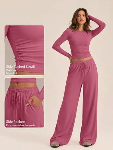 Trendy Queen Women's 2 Piece 2026 Fall Fashion Lounge Set with Pockets | Airport Outfit, Athleisure Workout Set, Fall Wardrobe Staple, Winter Style, Side-Ruched Top, Drawstring Wide-Leg Pants thumbnail 5