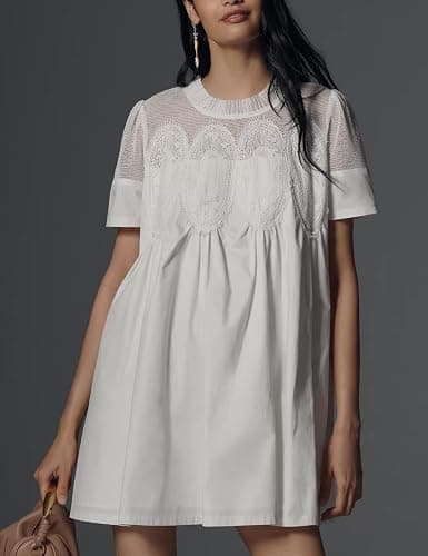 Shiyifa Womens Babydoll Lace Patchwork Dresses Summer Short Sleeve Ruffle Sundress Loose Crew Neck A-Line Dresses thumbnail 3