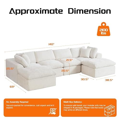 140" U-Shaped Cloud Couch, Soft Modular Sectional Sofa, Oversized 6 Seat Boneless Chenille Couch with Movable Ottoman, Pet-Friendly Upholstery Couches for Living Room, Beige | No Assembly Required thumbnail 2