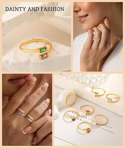 Honsny Gold Birthstone Rings for Women Non Tarnish 14K Gold Plated Adjustable Emerald Ring Cubic Zirconia Gemstone Promise Ring for Her Engagement Personalized Waterproof Jewelry Gifts for Birthday thumbnail 6