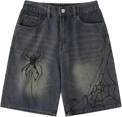 FENXIXIONE Mens Aesthetic Baggy Denim Loose Harajuku Y2k Fashion Streetwear Jean Jorts Spider Baggy Loose Straight Wide Leg Shorts - Image 1