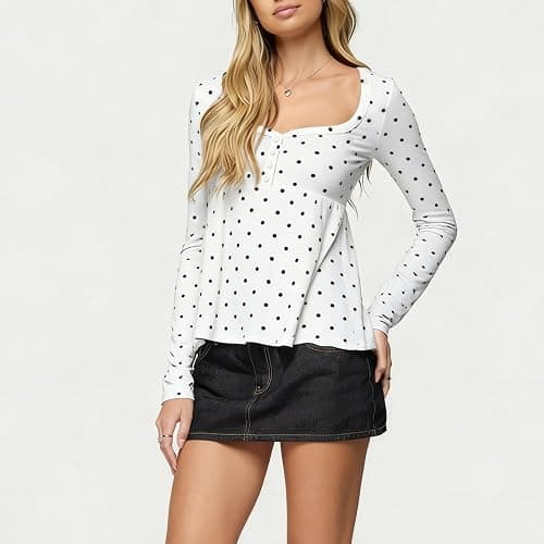 Women's Polka Dot Babydoll Top Long Sleeve Sweetheart Neck Flowy Shirt Y2k Cute Teens Going Out Tops thumbnail 3