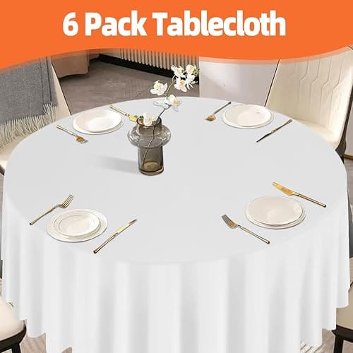 tujol White 6 Pack Plastic Table Cloth 84", Disposable Round Tablecloth Table Cover, Plastic Tablecloths for Parties thumbnail 6