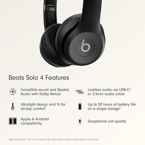 Beats Solo 4 - Wireless On-Ear Bluetooth Headphones, Up to 50-Hour Battery Life, Ultra-Lightweight Comfort, Powerful and Balanced Sound, Apple & Android Compatible - Matte Black thumbnail 2