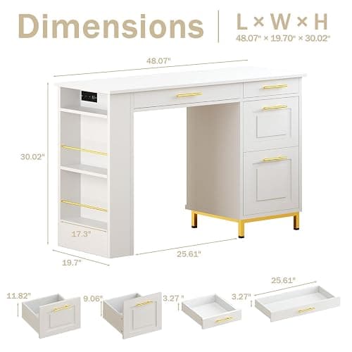 4 EVER WINNER White Desk with Drawers, 48 Inch Small Desks with Power Outlet and Side Shelf, Wood Computer Desk with Storage for Small Spaces, Study, Bedroom, White and Gold thumbnail 2