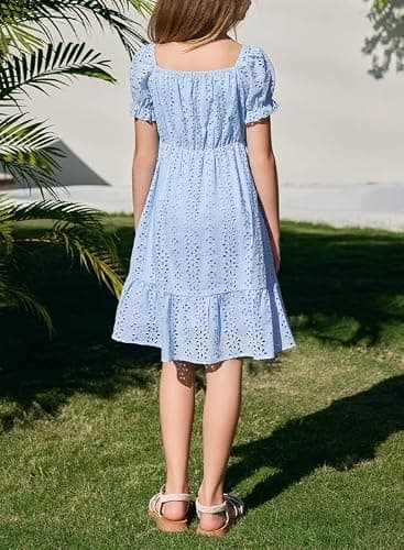 DOKOTOO KIDS Girls Summer Dress Casual Puff Sleeve A-line Button Down Eyelet Midi Dress 6-15 Years thumbnail 4
