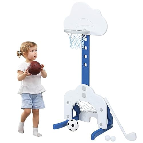 Costzon Kids Basketball Hoop, Toddler Sports Activity Center w/ 5 Adjustable Height Levels, Basketball Soccer Golf Game Set, Indoor Outdoor Basketball Hoop Set Best Gift for Baby Infant White Clouds - White Clouds - 22” x 20'' x 58.5''(L X W X H) - Image 1