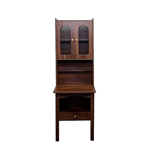 LUMISOL Fold-Out Home Office Desks Writing Table with Glass Doors, Drawers, Bookshelf & Storage Shelves, Modern Wooden Convertible Workstation for Work, Study, Walnut thumbnail 6