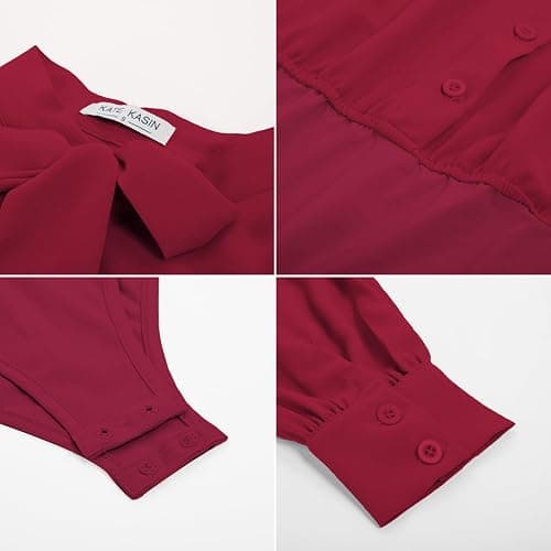 Kate Kasin Women Bow Tie Neck Office Blouse Button Down Long Sleeve Bodysuits Blouse Top thumbnail 5