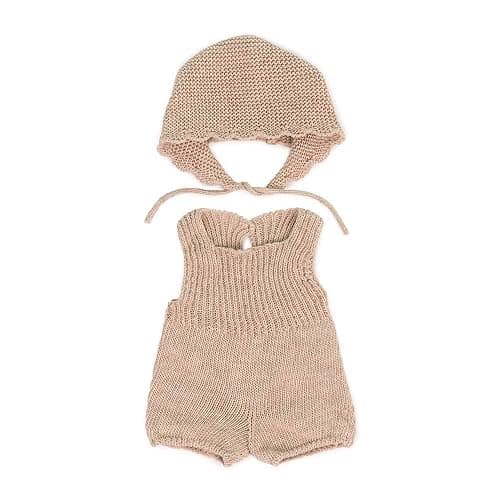 Miniland Dolls: Knitted Doll outfit 38cm - Romper & Bonnet, made of recycled materials, for 38cm Baby doll. Model: Romper & Bonnet in beige. - Image 1