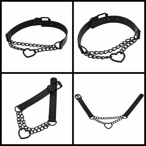 Tosmifairy Vintage Love Heart Black Leather Choker Collar and Leash Set Sexy Role-Play Emo Gothic Cospaly Accessories thumbnail 3