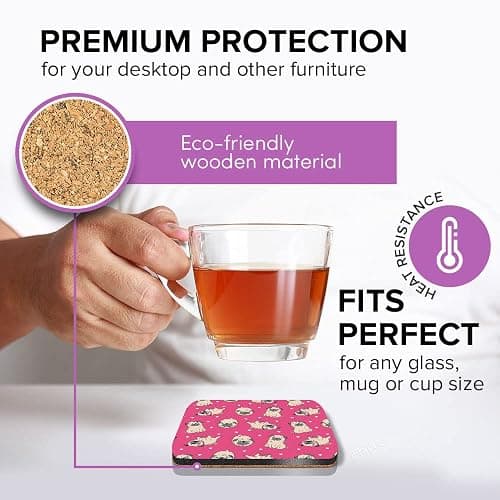 DV DESIGN 1 x Eco Square Coaster & 1 Pen Set - Adorable Pink Pug Puppies Animal Pets Drink Cup Mug Glass Table Protection Mat #8493 thumbnail 6