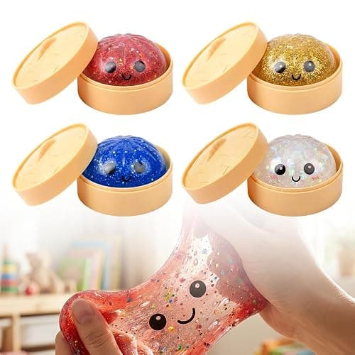 Dumpling Squishies Stress Relief Balls, Handmade Squeeze Fidget Toys with Steamer Case, Soft TPR Big Bun Squishy for Anxiety Relief & Focus (4pcs) - Image 1