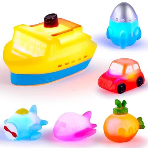 6 Packs No Hole Boat Bath Toy Set, Light up Changing Color in Water, Floating Rubber Bathtub Toys for Baby Toddler Infant Boy Girl Kid Play, Led Growing Pal in Shower Bathroom Tub or Swimming Pool thumbnail 2