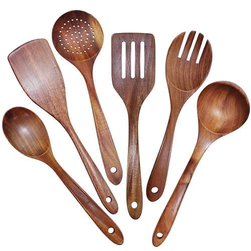 Lot de 6 Ustensiles de Cuisine en Bois de Teck Naturel - Grande Taille, Antiadhésifs, Cuillères, Spatule, Passoire - Durables - Image 1