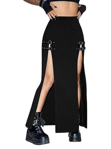 MATSUMIZUYU Black Punk Gothic Rave Maxi Skirts with Double Buckle Split for Women Long Goth High Waist Club Party Slit Skirt thumbnail 5