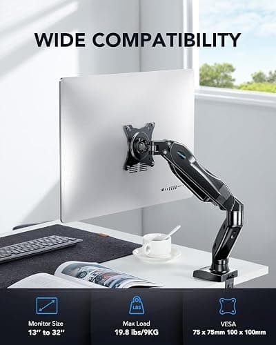 HUANUO FlowLift™ Single Monitor Mount, 13 to 32 Inch Monitor Arm, Adjustable Monitor Stand, Vesa Mount with Clamp and Grommet Base - Fits 4.4 to 19.8lbs LCD Computer Monitors thumbnail 2