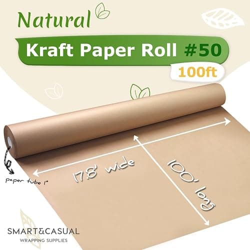 SMART&CASUAL Brown Wrapping Paper Roll 17.8"×1,200"(100') Kraft Paper for Craft Gift Bulletin Board Banner Bouquet Flower Table Covering Packing Shipping Moving 70GSM 50LB(Brown, 17.8" x 1,200") thumbnail 2