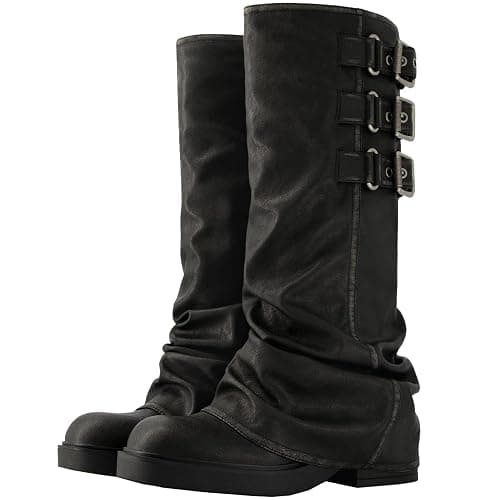 ClassicSter Fold Over Knee High Boots Slouch Boots for Women Chunky Goth Platform Boots,2 inch Heel Wide Calf Long Boots Square Toe Riding Boots thumbnail 4