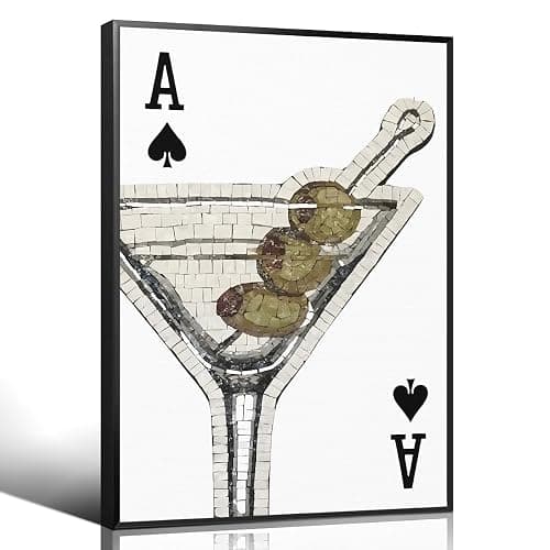 xbsifyiooa Mosaic Dirty Martini Canvas Wall Art, Black White Ace Playing Card Poster, Vintage Olive Martini Bar Cart Wall Decor, Funky Alcohol Cocktail Print Poker Painting 8x12in Unframed - Image 1