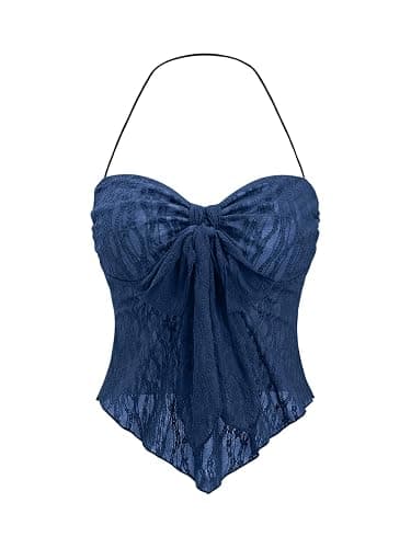 SHENHE Women's Floral Lace Halter Backless Tie Front Bow Asymmetrical Crop Top - Image 1