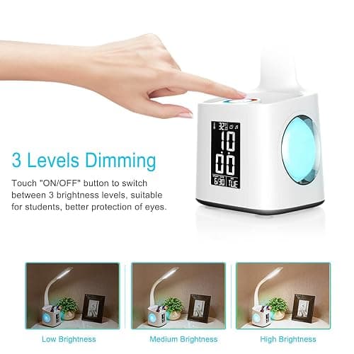 wanjiaone LED Desk Lamp with Clock,Color Changing Nightlight,Study Lamp with Pen Holder,Desk Light with USB Charger,Table Light for Home,Office,Bedroom,Gift for Kids,Students,Women,White thumbnail 5