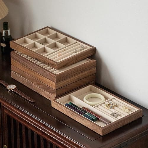 MIGAKU HOME 9 Grid +3 Line Black Walnut Wooden Jewelry Tray Organizer with Velvet Lining - Premium Jewelry Storage for Rings, Earrings, Brooches, LuxuryJewelry Drawer Organizer & Display Tray thumbnail 7