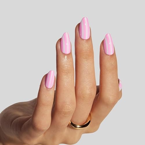 LAMIMOSA 32Pcs Press On Nails Short Almond – Soft Gel Fake Nails in 16 Sizes, Stripe Design Glue on Nails, Pink Stick On Nails kit, Spring Summer Artificial Nails, CANDY STRIPES - Image 1