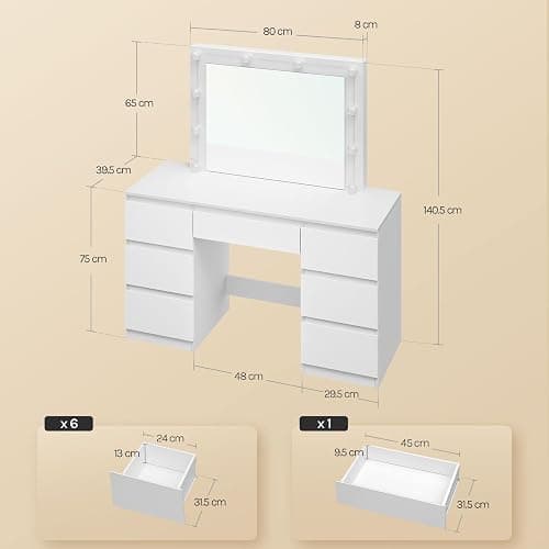 WOLTU Dressing Table with LED Bulb Lights, Adjustable Brightness, Vanity Table Makeup Desk with Large Mirror and 7 Drawers, 107 x 140.5 x 39.5 cm, White Bedroom Dresser, MB6099ws thumbnail 2