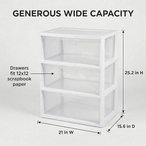 Wide 3 Drawer Plastic Storage Tower with Clear Removable Bins, 15.6" x 21" x 25.2" Organizer Unit with Drawer Stops and Easy-Pull Handles for Closet, Dorm, and Office Organization, White thumbnail 2