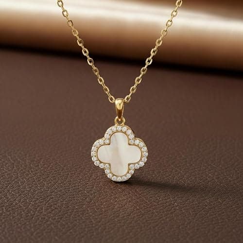 MINARIA Clover 14K Gold Plated 925 Sterling Silver Pendant Necklace for Women, Four Leaf Clover Mother of Pearl Necklace, Elegant Jewelry Gift for Women thumbnail 5
