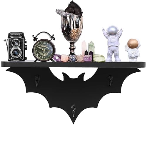 Bat Shelf Floating Shelves for Wall,15.5 inch Wall Shelf with 3 Key Hooks,Black Shelves for Living Room Bedroom Kitchen Gothroom - Image 1