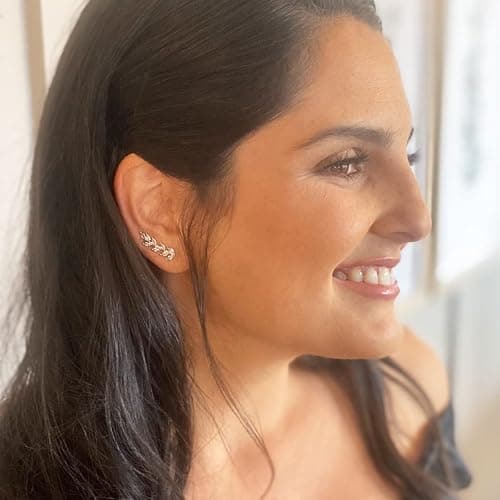 14K Gold or 925 Sterling Silver Plated Ear Crawler Earrings for Women - Crystal Leaf Ear Climber Earrings - Hypoallergenic, Safe for Sensitive Ears thumbnail 9