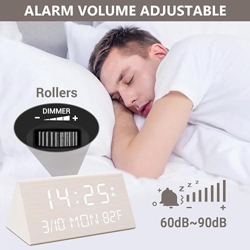 Kogonee Wooden Digital Alarm Clock, 0-100% Dimmer, 2 Alarm Settings, Weekday/Everyday Mode, 9 Mins Snooze, 12/24H, Temperature and Date Display for Office, Travel, Bedroom Alarm Clock (White) thumbnail 5