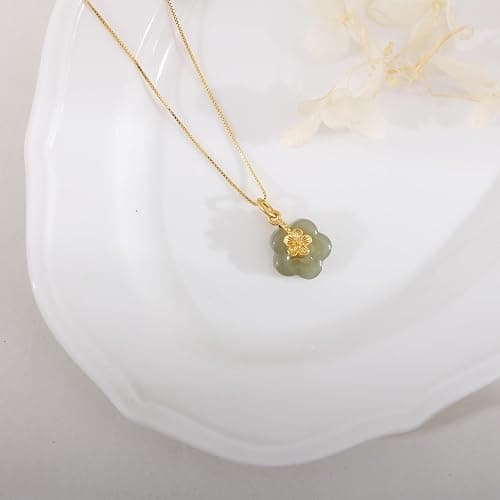 LOOYUUPEE Natural Hetian Jade Necklace for Women, Dainty Jade Flower Charm Pendant Adjustable Choker Necklace Jewelry Chain Gift for Mom Lover Her (925 Sterling Silver with Gold Plated) thumbnail 6
