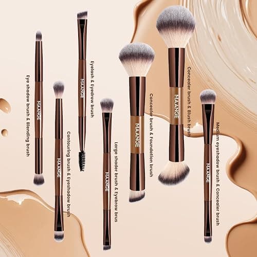 MAANGE 7 PCS Foundation Makeup Brush Set With Bag, Make up Brushes, Eyeshadow Concealer Brush, Double-ended Foundation Contour Powder Blush, Professional Face brush Set Tools For Liquid,Cream(Apricot) thumbnail 3