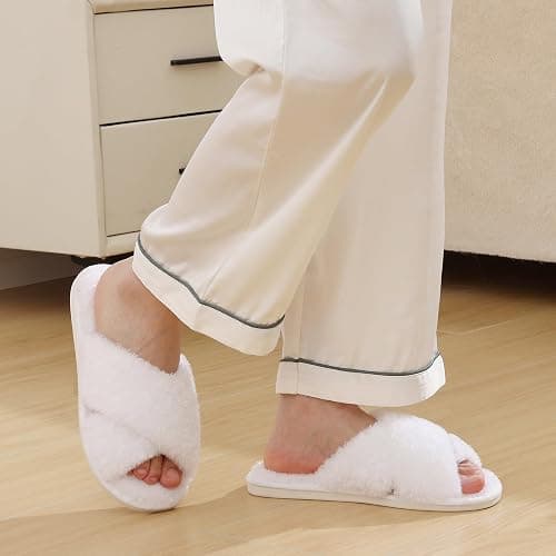 Evshine Women's Fuzzy Slippers Cross Band Memory Foam House Slippers Open Toe thumbnail 3