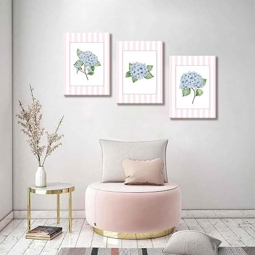 SongZest 3 Piece Blue Floral Canvas Framed Wall Art Pink Chinoiserie Art Prints Hydrangea Pictures Wall Decor Flower Aesthetic Paintings Artwork for Bedroom Bathroom Living Room 12x16in thumbnail 2